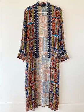 Splash Boho Tribal Print Long Kimono Duster Open Front Lightweight Womens L 18